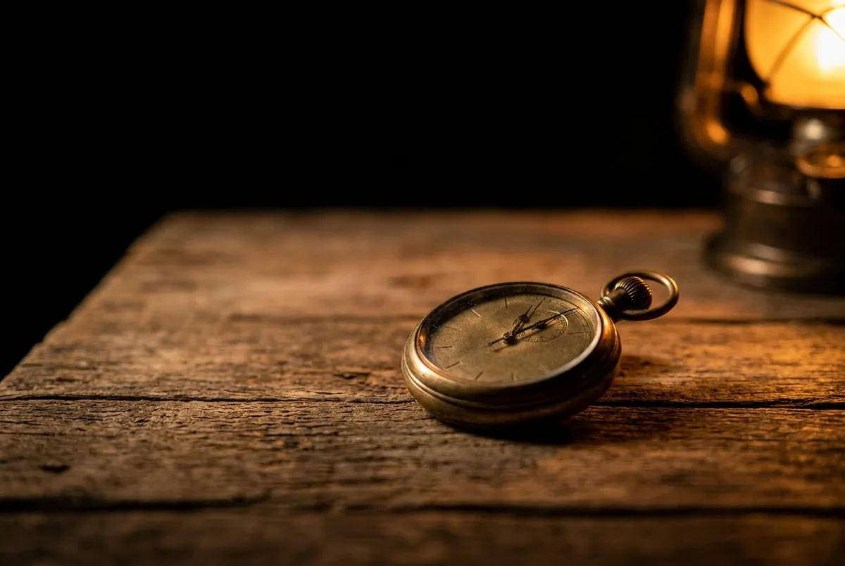 An antique stopwatch counting down under lantern light, the ticking clock of an escape room.