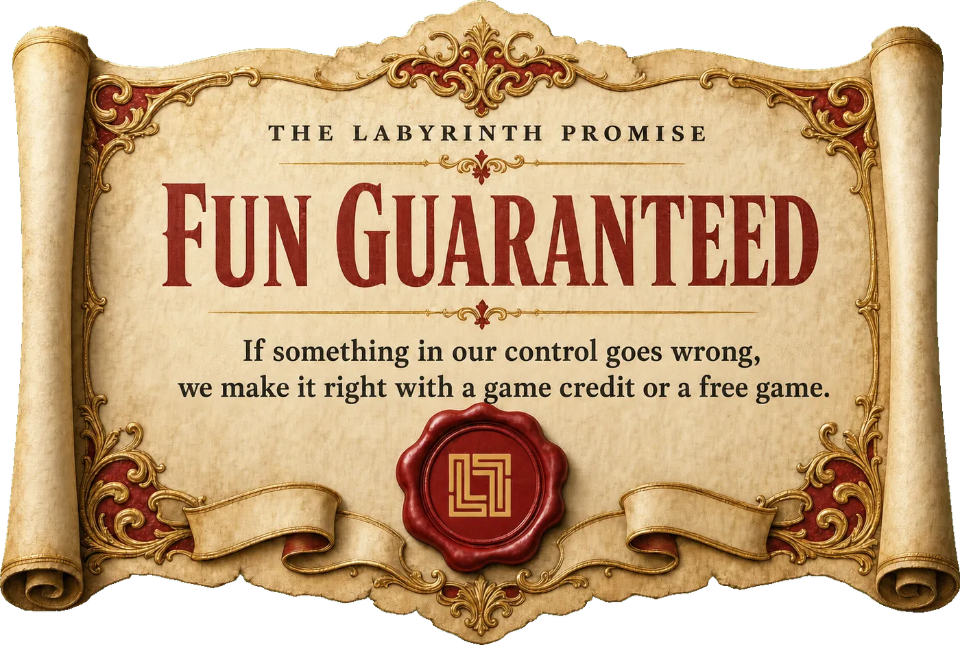 Labyrinth Fun Guaranteed certificate - if something in our control goes wrong, we make it right with a game credit or a free game.