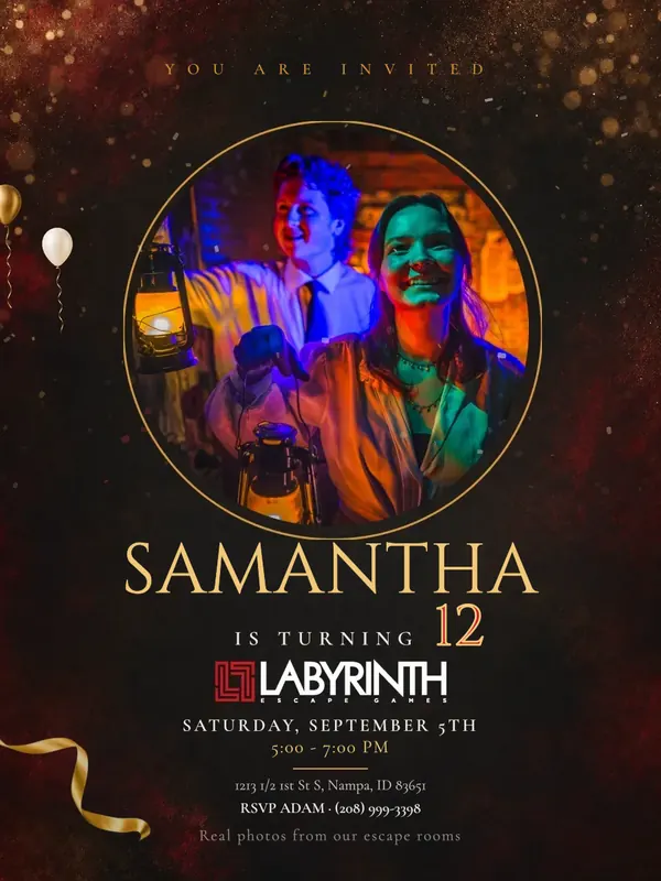 Birthday invitation with a circular photo of guests at the sarcophagus