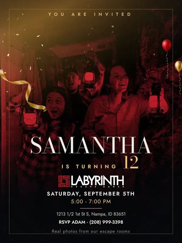 Birthday invitation with a crimson duotone photo of guests in The Lost Mine