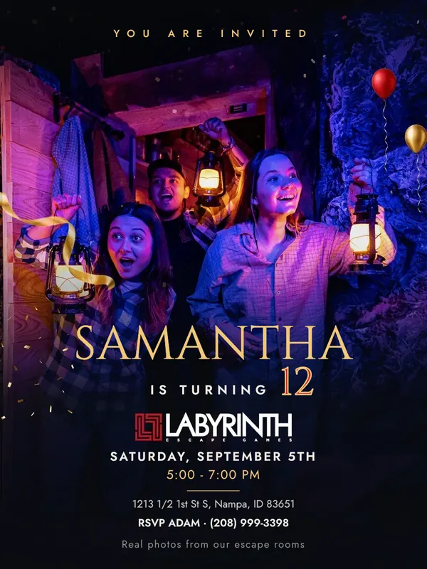 Birthday invitation with a full photo of guests holding lanterns in The Lost Mine