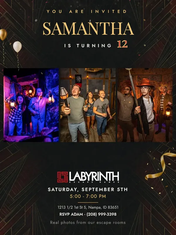 Escape room birthday invitation with three photos of guests at Labyrinth